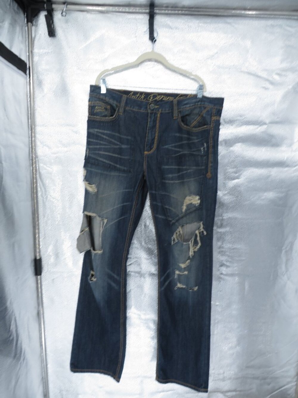 Antik Denim Distressed Straight Jeans Blue 38 Whiskered Y2K Grunge Wide Leg Pant